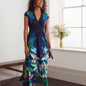 Boden Navy Blue Tropical Bird Floral Wrap Maxi Dress Cap Sleeve 10R EUC